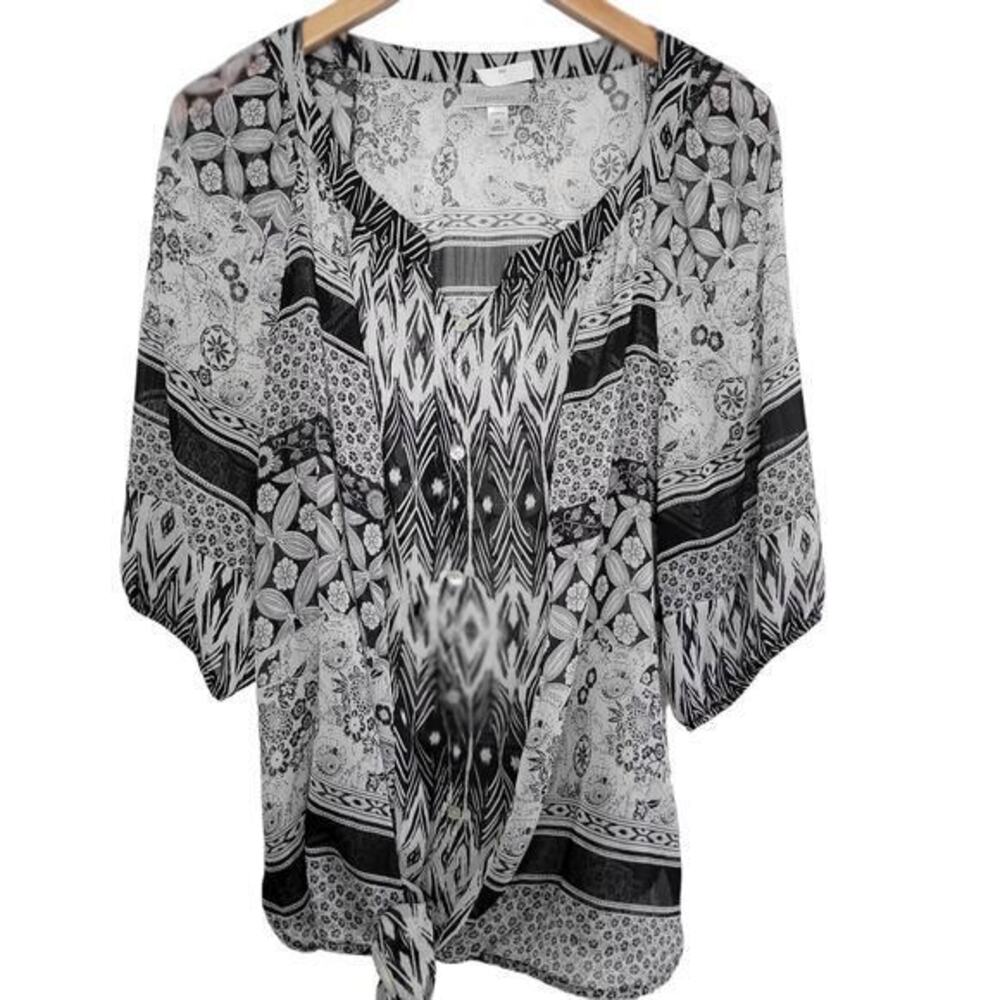 Dressbarn Womens Top Blouse 2X Black White Sheer Boho Shirt Tie‎ Front Floral